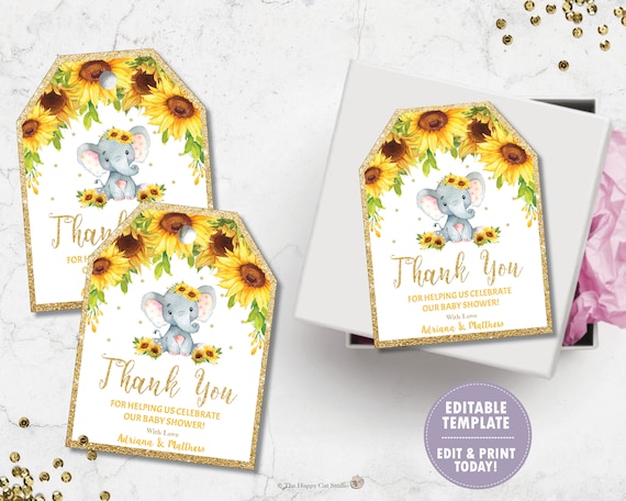 EDITABLE TEMPLATE Elephant Thank You Tags, Favors, Elephant Printable, Baby Shower Girl, Birthday, Baptism, Sunflower Floral, Yellow, EP8 Il_570xn