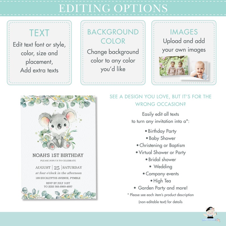 Cute Koala Baby Shower Invitation, EDITABLE TEMPLATE, Eucalyptus ...