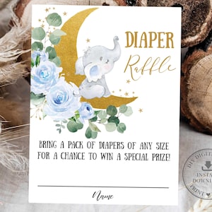 Süßer Elefant über dem Mond Windel-Verlosungskarte SOFORTIGER DOWNLOAD Blaues Blumen-Blumen-Junge-Babyparty-Einsatzticket Printable EP19