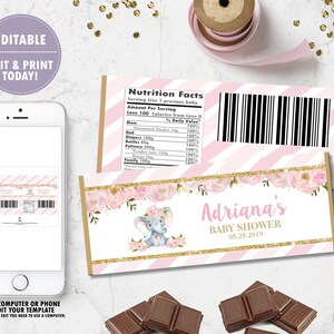 EDITABLE TEMPLATE Elephant Chocolate Bar Wrappers, Favors, Hershey&#39;s, Aldi Chocolate, Elephant Printable, Baby Shower Girl, Pink Floral, EP5