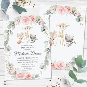 May include: A baby shower invitation with a pink and green floral design. The invitation features a deer, fox, and raccoon with a floral crown. The text on the invitation reads "Please join us for a baby shower honoring Madison Brown August 25 Saturday at four o'clock in the afternoon 189 Eucalyptus Avenue, Pymble RSVP by July 31st to Jess 568-8969-4897 Registered at Walmart and Amazon"
