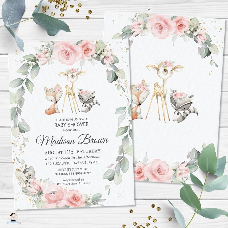 May include: A baby shower invitation with a pink and green floral design. The invitation features a deer, fox, and raccoon with a floral crown. The text on the invitation reads "Please join us for a baby shower honoring Madison Brown August 25 Saturday at four o'clock in the afternoon 189 Eucalyptus Avenue, Pymble RSVP by July 31st to Jess 568-8969-4897 Registered at Walmart and Amazon"