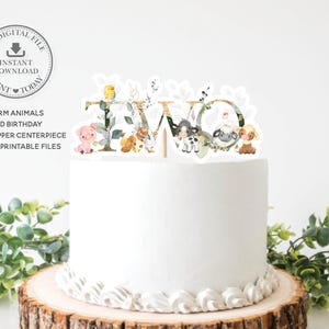 Mignons animaux de la ferme verdure deux pour gâteau Pièce maîtresse TÉLÉCHARGEMENT IMMÉDIAT Vache cochon poulet mouton fichier imprimable 2e deuxième anniversaire BY5