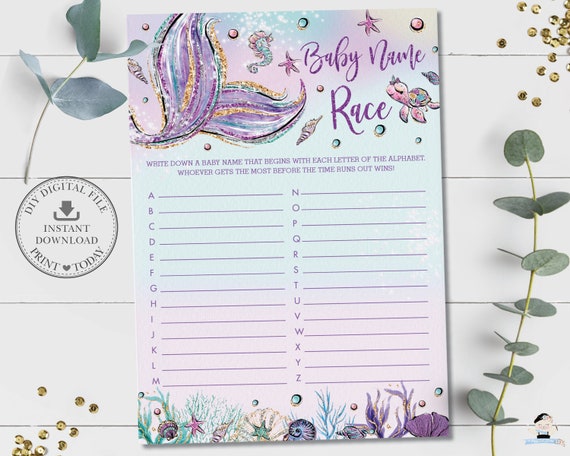Baby Name Race Game Instant Download Mermaid Tail Under The Sea Baby Shower Baby Names Game Quiz Card Activity Diy Pdf Printable Mt2 By The Happy Cat Studio Catch My Party