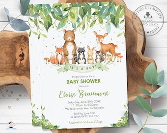 EDITABLE TEMPLATE Greenery Woodland Animals Baby Shower Invitation Gender Neutral Boy Girl Forest Animals Printable INSTANT Download WG1