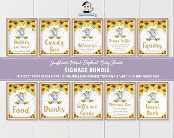 Elephant Baby Shower Signs Bundle Printable, Sunflower Yellow Floral Elephant Baby Shower Decor, Welcome Sign Editable Template, INSTANT EP8