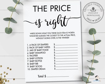 EDITABLE TEMPLATE, The Price is Right Game Printable, Baby Shower Game Activity, INSTANT Download, Minimalist, Modern, Hand Lettering, MN1