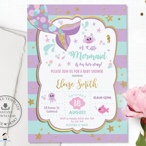 Invitation à une baby shower de sirène, MODÈLE MODIFIABLE, Queue de sirène fille Turquoise Or Violet sous la mer imprimable, Pdf Téléchargement instantané MT1