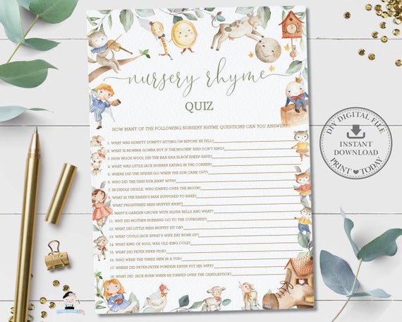 Nursery Rhyme Quiz, INSTANT DOWNLOAD, Guess Song Greenery Storybook Hey Diddle Diddle Baby Shower Game Card Activity Diy PDF Printable, NR1 Il_570xn