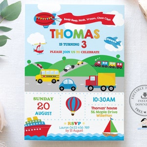 Invitación de cumpleaños de transporte, Descarga de invitación de transporte, Coche, Avión, Invitación de tren, Barco de camión, PLANTILLA EDITABLE INSTANTÁNEA, TR1