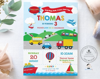 Transportation Birthday Invitation, Transportation Invitation Download, Car, Plane, Train Invite, Truck Ship, INSTANT EDITABLE TEMPLATE, TR1