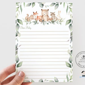 Carta de animais da floresta para o bebê para impressão, DOWNLOAD INSTANTÂNEO, Greenery Gênero Neutro Cartões de mensagem para chá de bebê Atividade DIY PDF Jpg, WG12