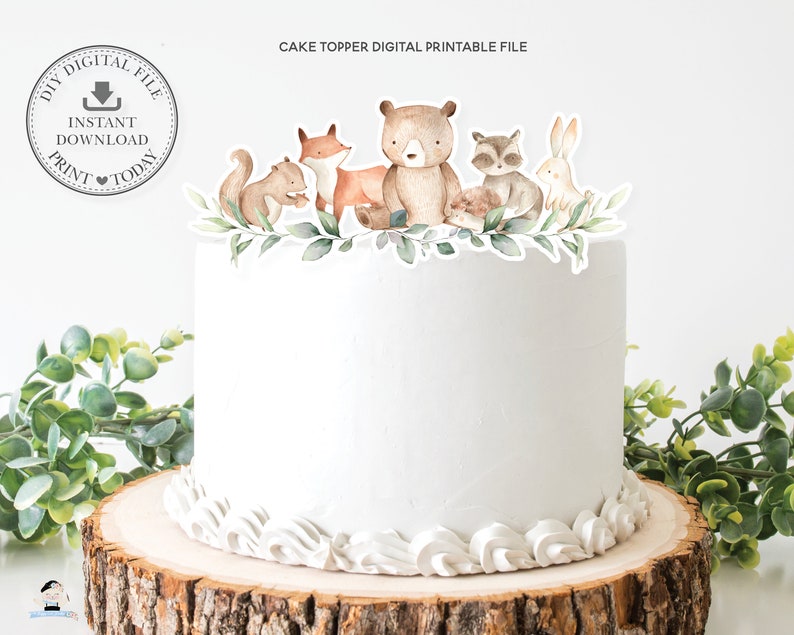 Woodland Animals Greenery Cake Topper, INSTANT DOWNLOAD, Chic Cute Forest Animals Digital PRINTABLE File, Baby Shower Birthday Party, WG12 image 1