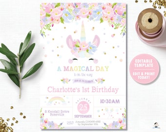 Unicorn Invitation, EDITABLE TEMPLATE, Unicorn 1st Birthday Invite, Unicorn Printable, Floral, Watercolor, Rainbow, Pastel, Cute INSTANT UB7