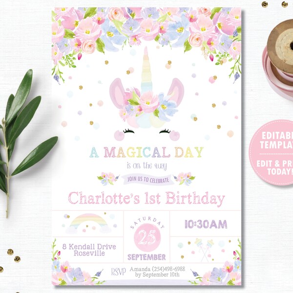 Unicorn Invitation, EDITABLE TEMPLATE, Unicorn 1st Birthday Invite, Unicorn Printable, Floral, Watercolor, Rainbow, Pastel, Cute INSTANT UB7