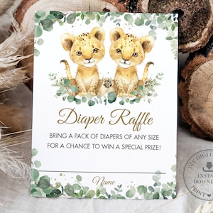 Lion Cubs Greenery Zwillinge Jungen Windel Tombola Karte SOFORTIGER DOWNLOAD Dschungel Safari Baby Shower Insert Ticket Printable SOFORTIGER Download LN3