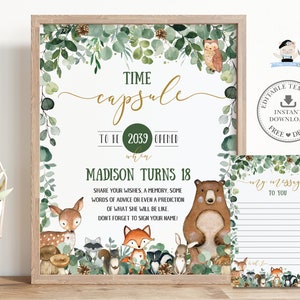 Greenery Forest Woodland Animals Time Capsule Sign PLANTILLA EDITABLE, Tarjeta de mensaje Primer 1er cumpleaños Actividad Archivos imprimibles, INSTANT WG17