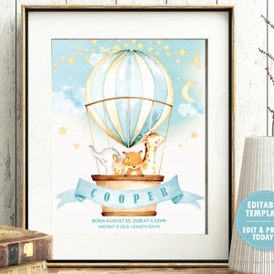 EDITABLE Hot Air Balloon Nursery Wall Art, Cute Animals Printable, Birth Stats, Jungle Woodland Animals, Baby Boy, Whimsical Decor, HB5 image 2