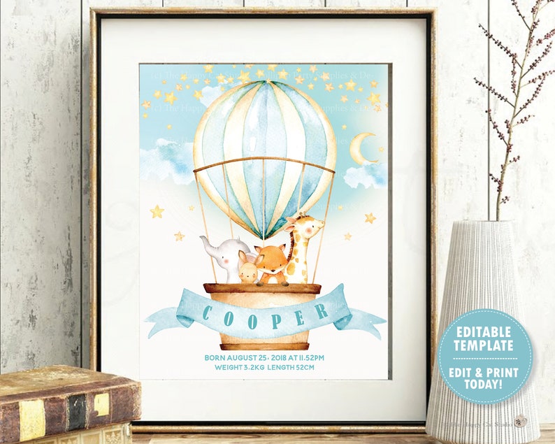 EDITABLE Hot Air Balloon Nursery Wall Art, Cute Animals Printable, Birth Stats, Jungle Woodland Animals, Baby Boy, Whimsical Decor, HB5 image 2