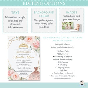 K&ouml;nnte beinhalten: Eine Quincea&ntilde;era-Einladungsvorlage mit einem goldenen und rosafarbenen Blumendesign. Die Einladung zeigt eine goldene Krone, ein rosafarbenes Kleid und den Text "Aurelia Clara".