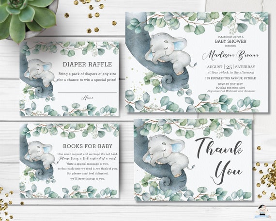 Elephant Greenery Boy Baby Shower Invitation Bundle, EDITABLE TEMPLATE, Folded Thank You Diaper Raffle Books for Baby, INSTANT Download EP10 Il_570xn
