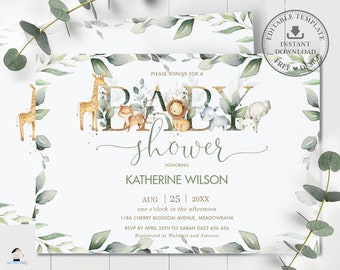 Greenery Jungle Animals Baby Shower Invitation, EDITABLE TEMPLATE, Chic Gender Neutral Boy Girl Forest Safari Gold Invite Printable Pdf, JA5