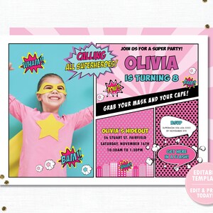 Superhero Invitation, EDITABLE TEMPLATE, Instant Download, Girl Pink Super Hero Birthday Party, Superhero Printable Photo Invite Digital HP3