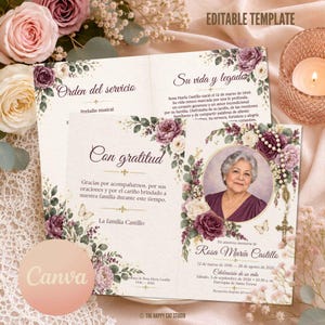 Puede incluir: Una plantilla de programa funerario con ilustraciones florales de rosas moradas y blancas, un marco de fotos circular y un gráfico de rosario. El texto incluye "Orden del servicio," "Su vida y legado," "Con gratitud" y "Rosa María Castillo."