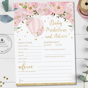 Cartão de previsões e conselhos para bebês, DOWNLOAD INSTANTÂNEO, Chic Blush Floral Balão de ar quente para chá de bebê, atividade divertida de jogo, DIY PDF para impressão, HB2
