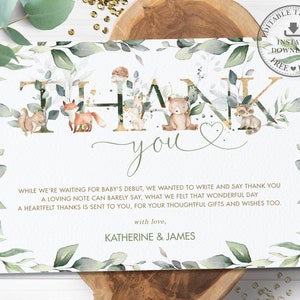 Grün Waldtiere Baby Shower Geburtstag Dankeschön Karte, EDITIERBARE VORLAGE Chic Wald Grün Neutral Junge Mädchen Printable Pdf, WG12