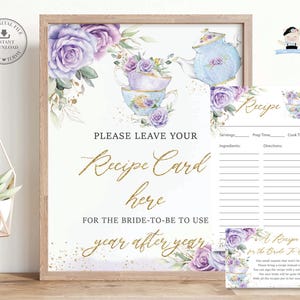 Breng Recept voor Bruid Verzoekkaarten Teken Vrijgezellenfeest Vintage Theekopjes Theepot Paars Lila Bloemen High Tea Afdrukbare INSTANT DOWNLOAD TP5