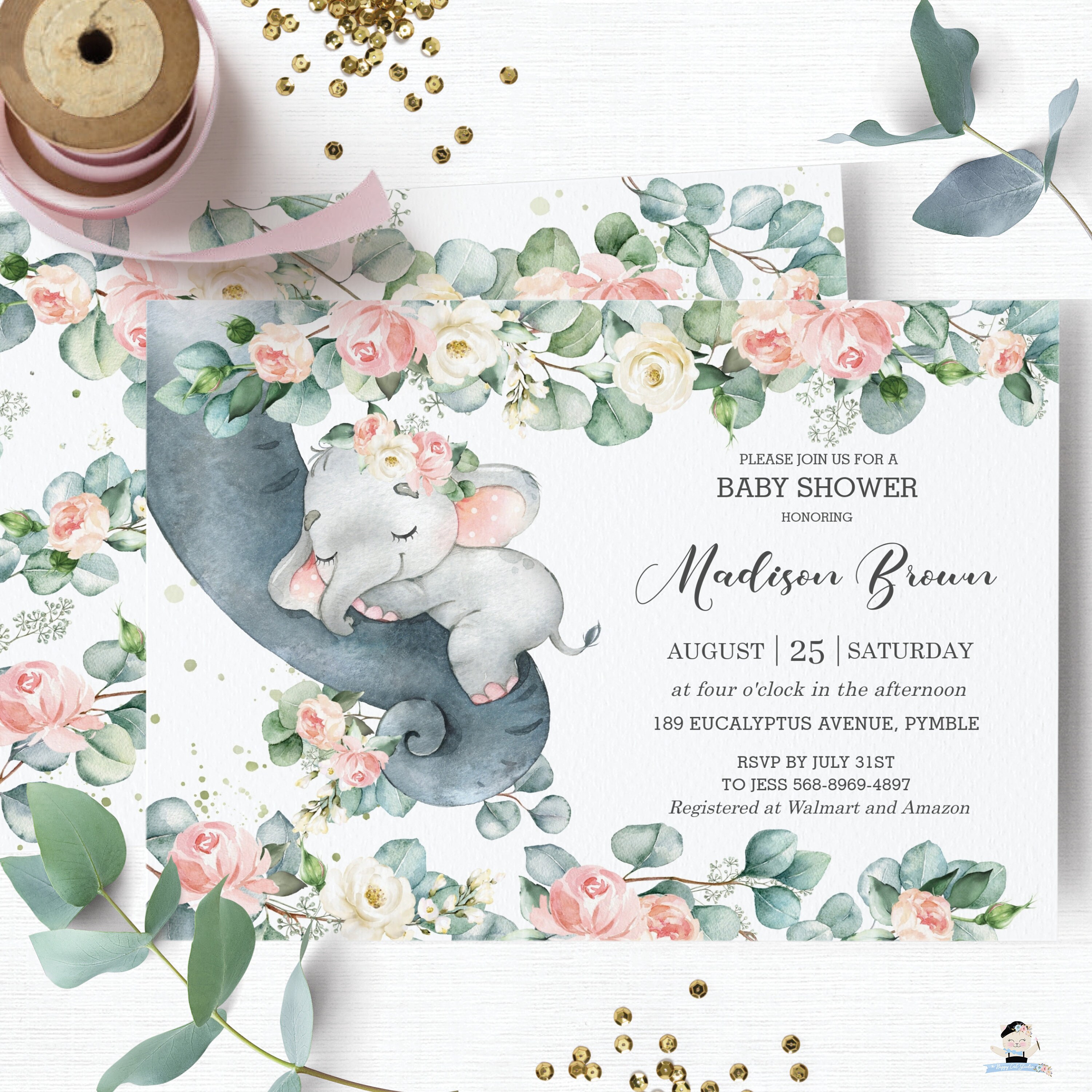 Paper Pink Elephant Baby Shower Invitation Baby Girl shower