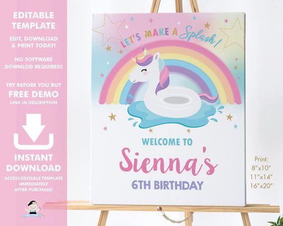 rainbow unicorn pool party welcome sign editable template etsy