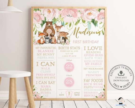 Woodland Animals 1st Birthday Milestone Sign, EDITABLE TEMPLATE, Pink Floral Forest Girl Birth Stats Poster Decor Pdf INSTANT Download, WG8 Il_570xn