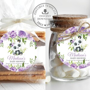 BEWERKBARE SJABLOON Schattige Panda Beer 2" Cirkel Tags Paarse Bloemen Groen Dank U Sticker Gunsten Cupcake Afdrukbare Baby Shower Verjaardag PA3