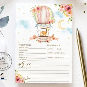 Carte de prédictions et de conseils pour bébé, MODÈLE MODIFIABLE Rose Floral Bleu Montgolfière Animaux Neutre Baby Shower Jeu Activité Imprimable HB7