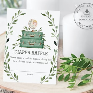 Sorteo de pañales, descarga instantánea, Greenery Adventure bebé ducha pañal bolsa de billetes insertar tarjeta imprimible, maleta de equipaje de viaje, BM1