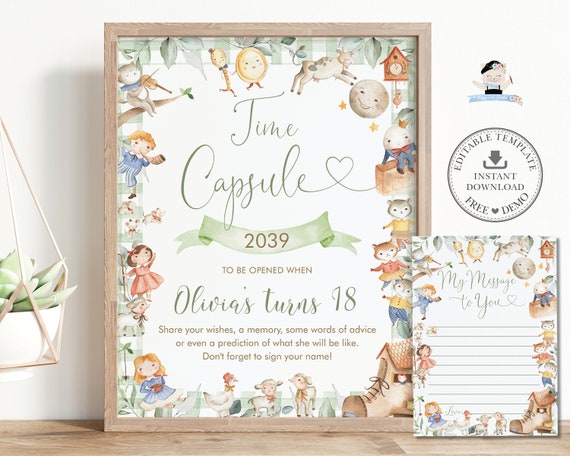 Nursery Rhyme Time Capsule Sign Message Card, EDITABLE TEMPLATE, Storybook Boy Girl First 1st Birthday Activity Printable File INSTANT NR1 Il_570xn