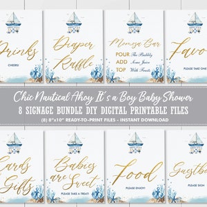 Nautical Ahoy It's a Boy Tabletop Sign Bundle, INSTANT DOWNLOAD, Blue Boat Yacht Anchor Coral Gold Foil Baby Shower Printable Pdf Signs, NT2