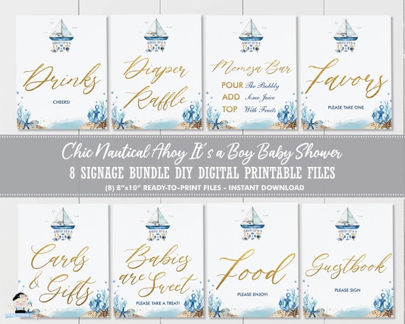 Nautical Ahoy It's a Boy Tabletop Sign Bundle, INSTANT DOWNLOAD, Blue Boat Yacht Anchor Coral Gold Foil Baby Shower Printable Pdf Signs, NT2 Il_570xn