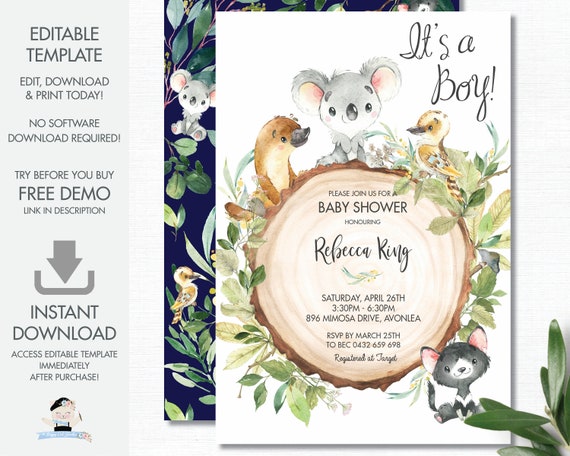 Australian Animals Baby Shower Invitation EDITABLE TEMPLATE