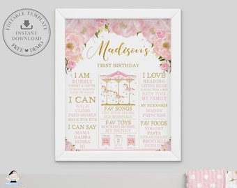 Carousel 1st Birthday Milestone Sign, EDITABLE TEMPLATE, Floral Birth Stats Printable, Baby First Year, Nursery Decor, INSTANT Download, CR3