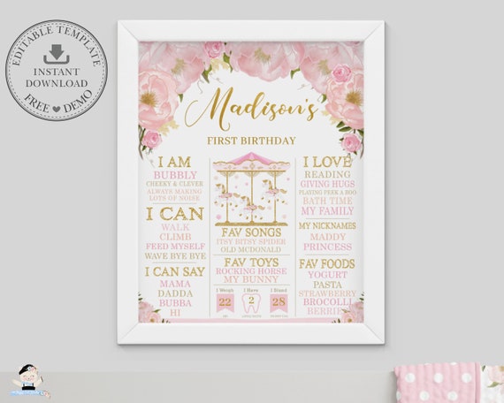 Carousel 1st Birthday Milestone Sign, EDITABLE TEMPLATE, Floral Birth Stats Printable, Baby First Year, Nursery Decor, INSTANT Download, CR3 Il_570xn