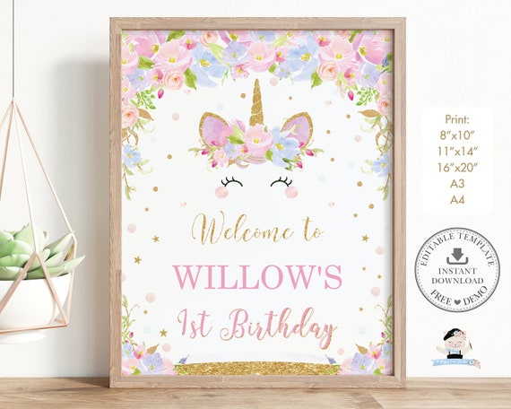 Cute Unicorn Welcome Sign, EDITABLE TEMPLATE, Whimsical 1st Birthday ...