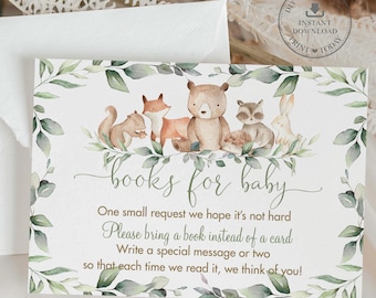 May include: A white card with a green leafy border and woodland animal illustrations. The text reads "books for baby" and includes a request to bring a book instead of a card to the baby shower.