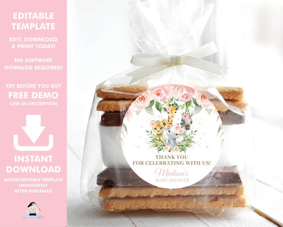 EDITABLE TEMPLATE Jungle Animals 2" Circle Tags, Blush Pink Floral Thank You Sticker Favors Printable, Baby Shower, Birthday Baptism, JA6 Il_570xn