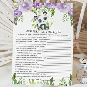 Cuestionario de rimas infantiles, DESCARGA INSTANTÁNEA, Adivina la canción, Lindo oso panda, Flores moradas, lilas, vegetación, Juego de tarjetas para baby shower, Actividad imprimible PA3