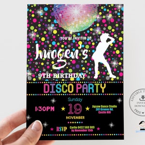 Disco Party Invitation, EDITABLE TEMPLATE, Dance Birthday Party Invite Disco Ball Colorful Rainbow Neon Girl Birthday Printable INSTANT, DP2