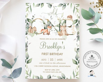 May include: A green and gold woodland-themed first birthday invitation featuring the number one surrounded by leaves and animals. The text reads "wild one" and "Brooklyn's First Birthday". The date is 25th August 20XX. The invitation includes the time, address, and RSVP information.