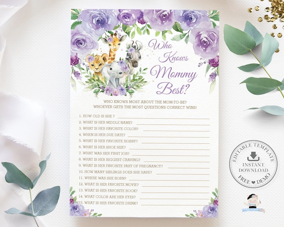 EDITABLE TEMPLATE, Who Knows Mommy Best Game, Purple Floral Jungle Animals Baby Shower Quiz Activity Diy Pdf Printable, INSTANT File, JA8 Il_570xn